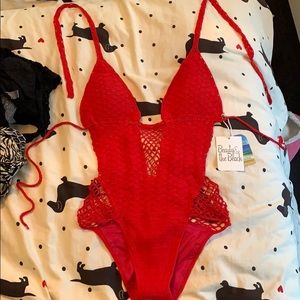 Sexy Red Crocheted One Piece Bathing Suit